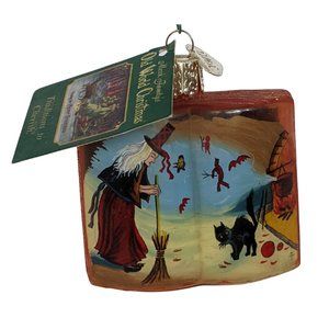 2001 Old World Christmas Witch and Black Cat Book Orange Halloween Ornament